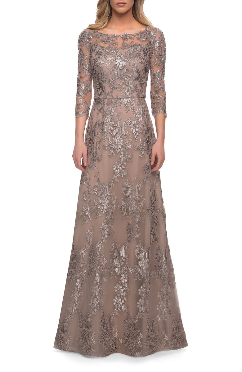 La Femme Shimmer Sequin Lace A-Line Gown, Main, color, 