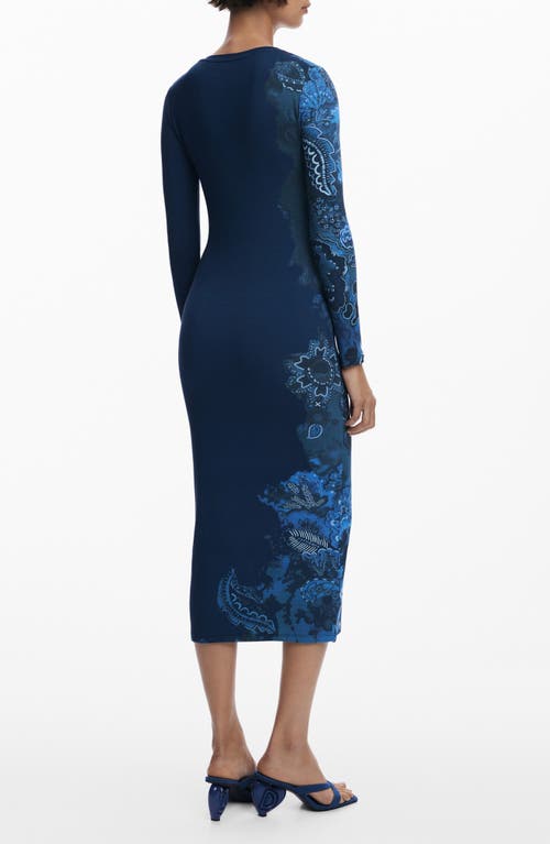 Desigual Floral Print Long Sleeve Midi Dress In Blue