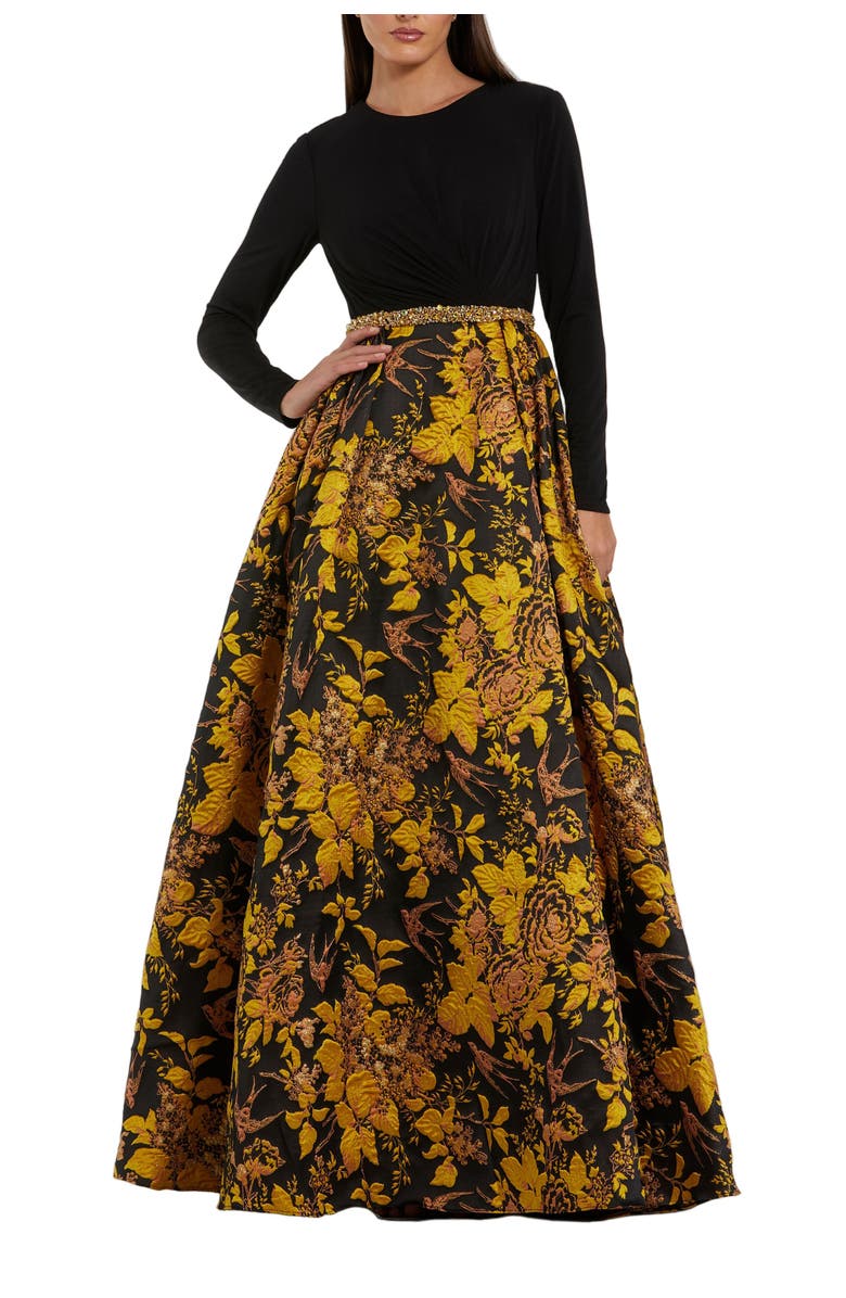 Mac Duggal High Neck Long Sleeve Jersey And Brocade Ballgown, Main, color, Black Gold