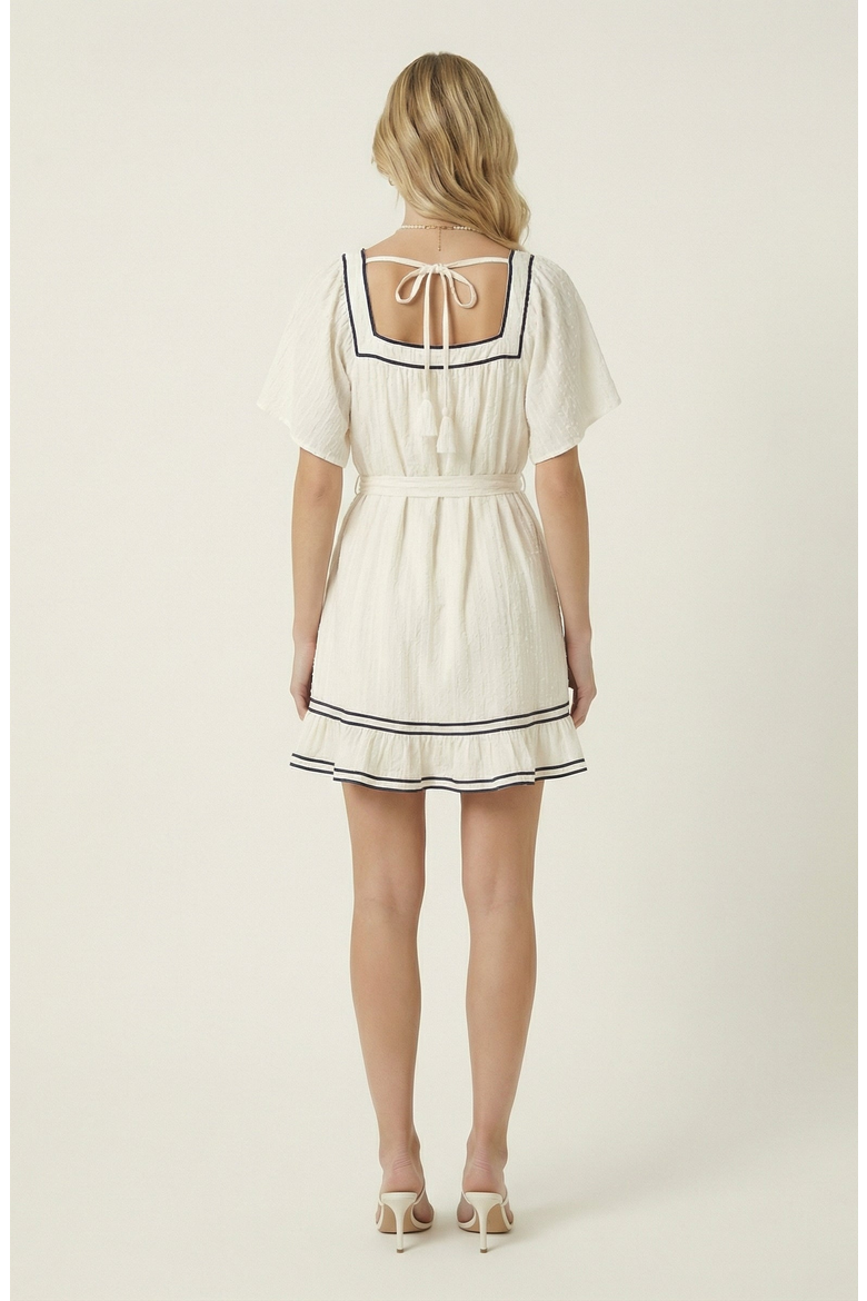 Square-Neck Contrast Trim Mini Dress, Alternate, color, Off-White / Navy