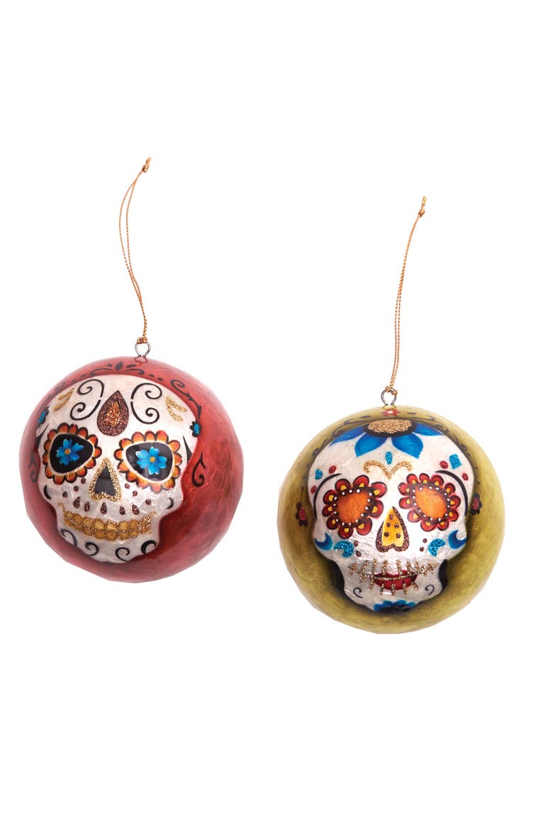 Dia de Muertos Sugar Skull Ball Ornament A/2, Main, color, White