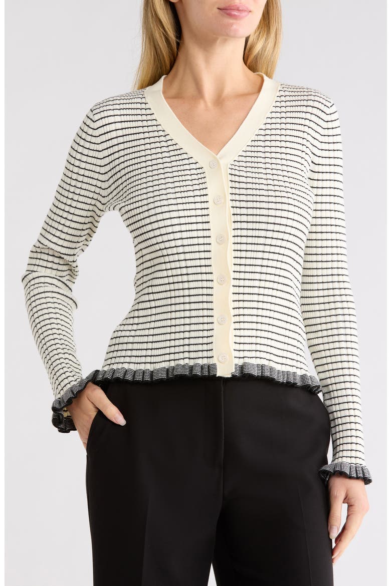 Striped Ruffle Cuff Cardigan, Main, color, CREAM/ BLACK