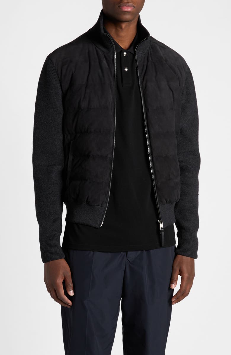 Moncler Mixed Media Quilt Front Virgin Wool Cardigan, Main, color, 
