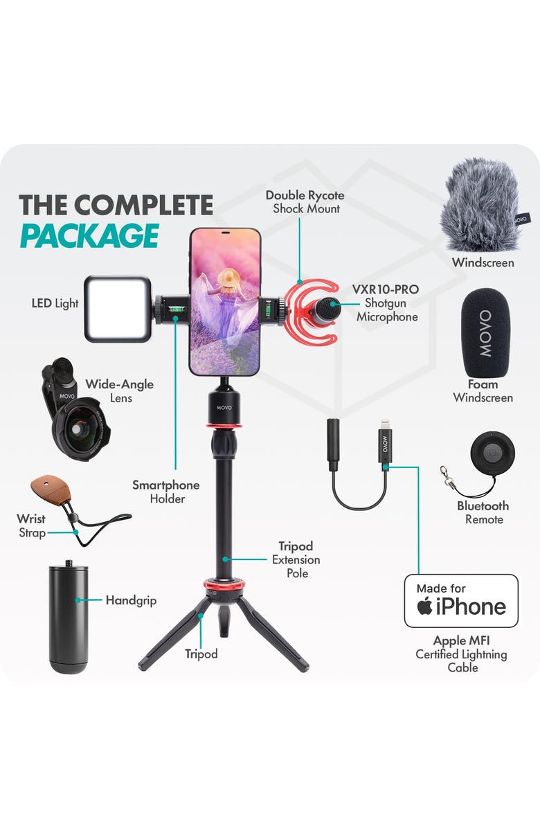 MOVO iVlog1 Vlogging Kit for iPhone - YouTube Starter Kit with Shotgun Mic, LED Light, Tripod, and more, Alternate, color, Black