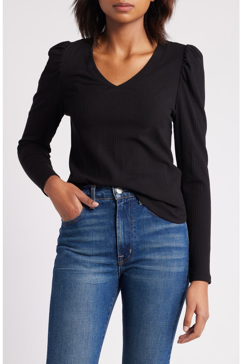Puff Shoulder Rib Top, Main, color, BLACK