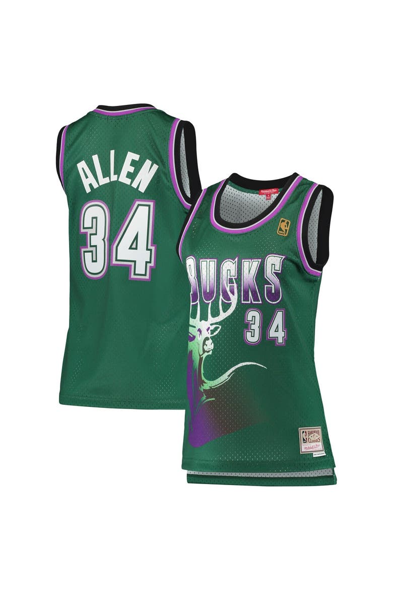 Women's Mitchell & Ness Ray Allen Green Milwaukee Bucks 1996/97 Hardwood Classics Swingman Jersey, Main, color, Green
