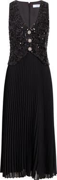 LIKELY Dorothea Sequin Pleated Sleeveless Midi Dress