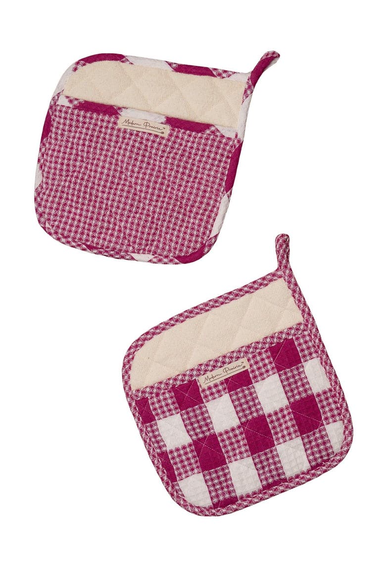 Prairie Essentials Pocket Potholders in Berry Plaid, Set of 2, Main, color, Berry