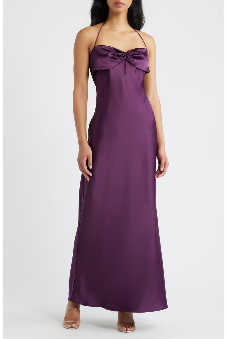 Fireproof Ruched Halter Satin Gown, Main, color, PLUM
