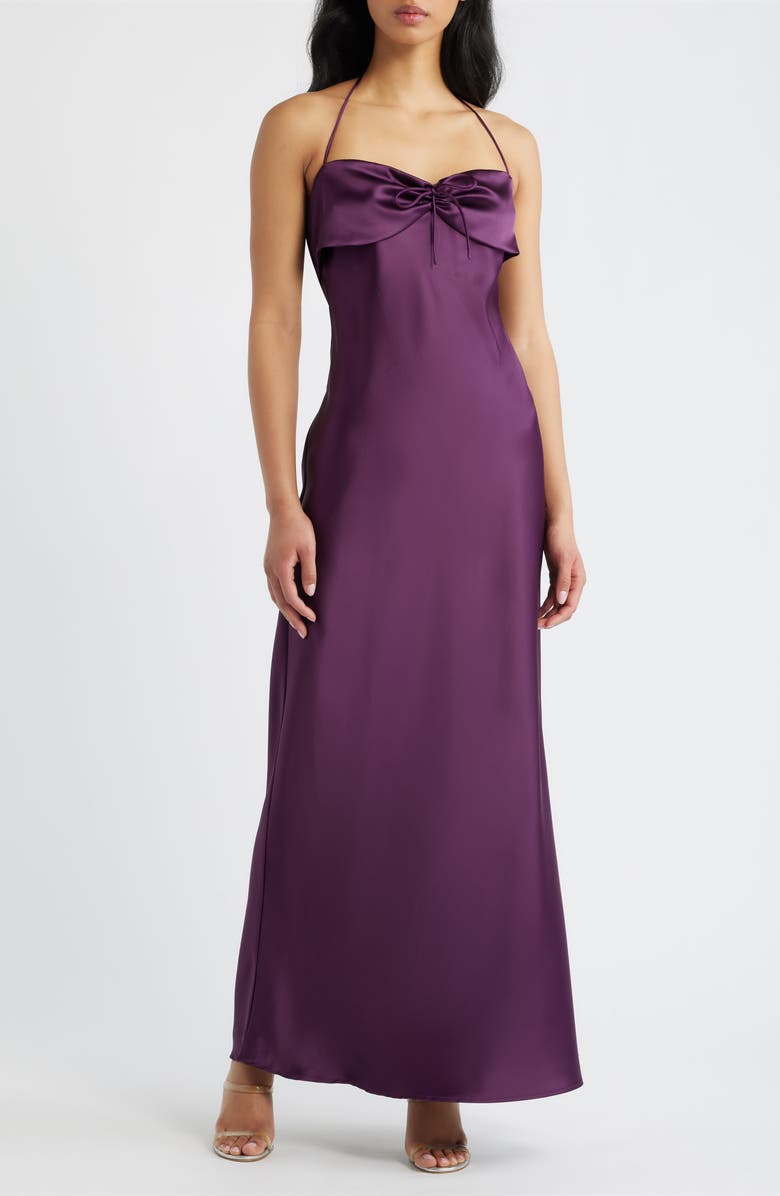 Princess Polly Fireproof Ruched Halter Satin Gown, Main, color, Plum
