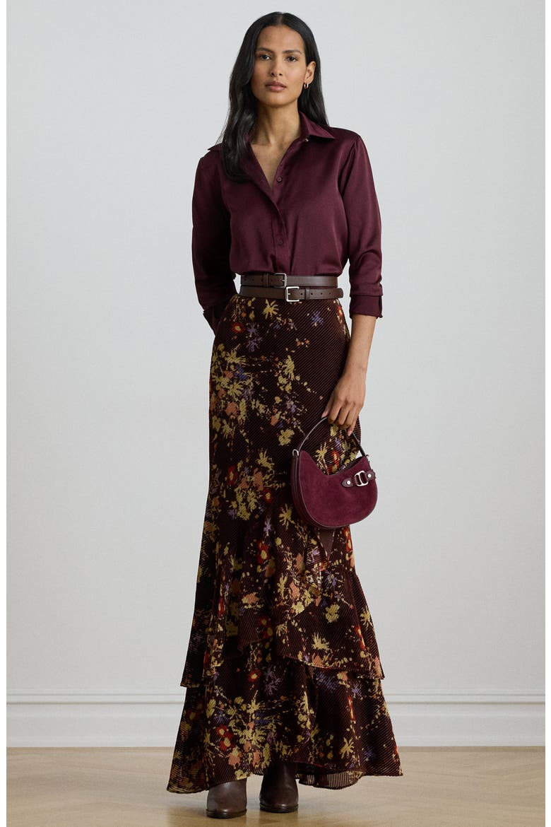 Tiered Floral Velvet Burnout Maxi Skirt, Alternate, color, BROWN/ CREAM/ LAVENDER