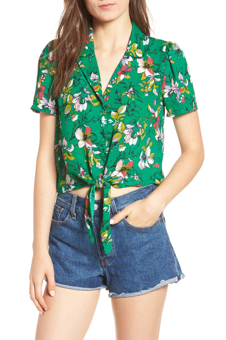 Tie Front Camp Shirt, Main, color, GREEN FLORAL