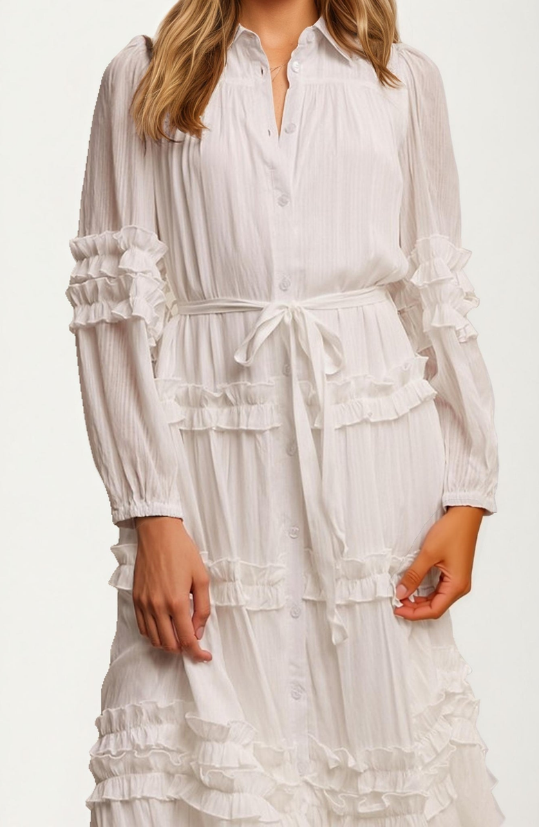 Knit and Lounge Long Sleeve Ruffle Tiered Maxi Shirt Dress, Alternate, color, White