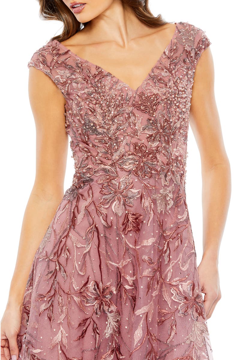 Mac Duggal Embroidered Illusion Cap Sleeve A Line Gown, Alternate, color, Cinnamon