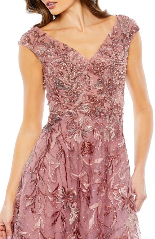 Mac Duggal Embroidered Illusion Cap Sleeve A Line Gown In Cinnamon