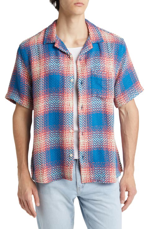 Acid Plaid Firecracker Short Sleeve Cotton Button-Up Camp Shirt