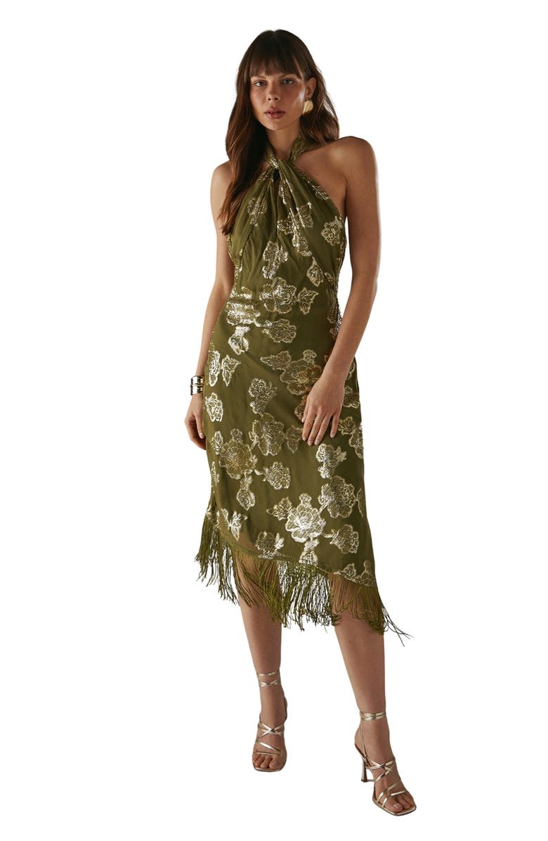 Warehouse Metallic Chiffon Wrap Front Midi Dress, Main, color, Olive
