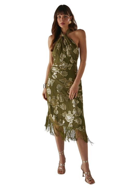 Metallic Chiffon Wrap Front Midi Dress