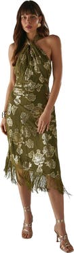 Warehouse Metallic Chiffon Wrap Front Midi Dress