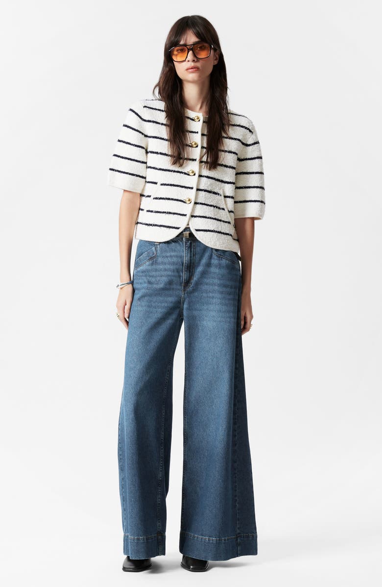 & Other Stories Stripe Short Sleeve Cotton & Wool Blend Cardigan, Alternate, color, White Dusty Light