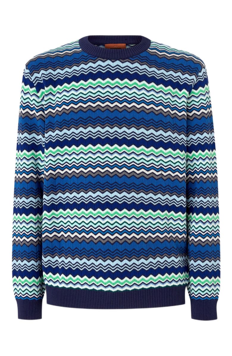 Missoni Cotton Crew-neck Pullover With Micro Zigzag And Contrasting Piping, Alternate, color, Blue