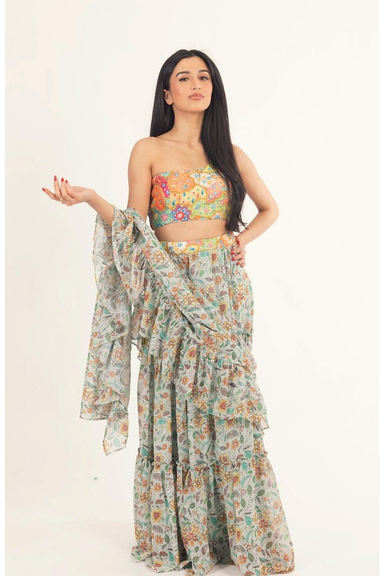 Yara Two-Piece Ruffle Saree Dress, Alternate, color, Green