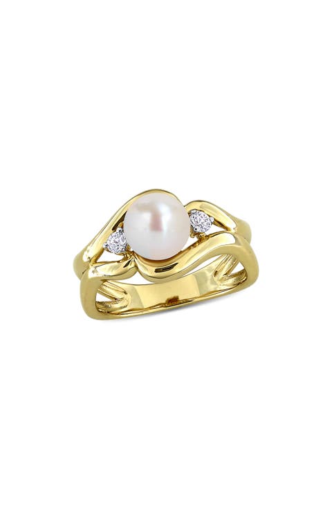 7-7.5mm Cultured Freshwater Pearl & White Sapphire Open Band Ring