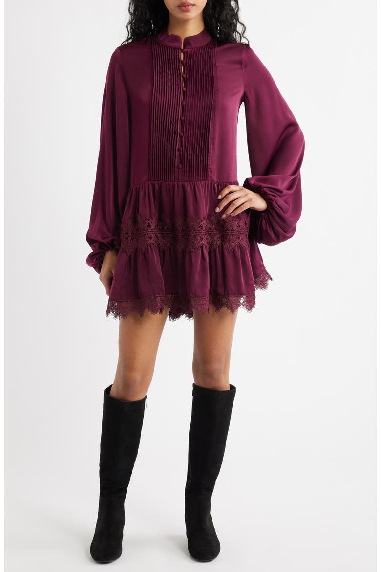 Antonia Lace Trim Long Sleeve Satin Minidress, Main, color, MULBERRY