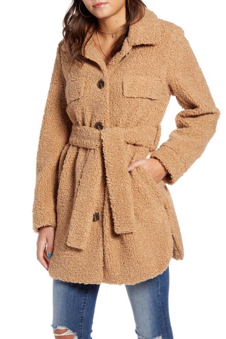 Toffee Faux Shearling Belted Coat, Main, color, BEIGE
