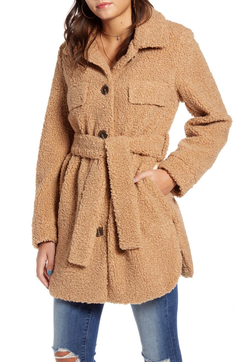 BLANKNYC Toffee Faux Shearling Belted Coat, Main, color,