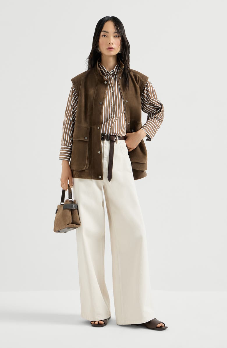 Brunello Cucinelli Shadow stripe poplin shirt, Alternate, color, Brown