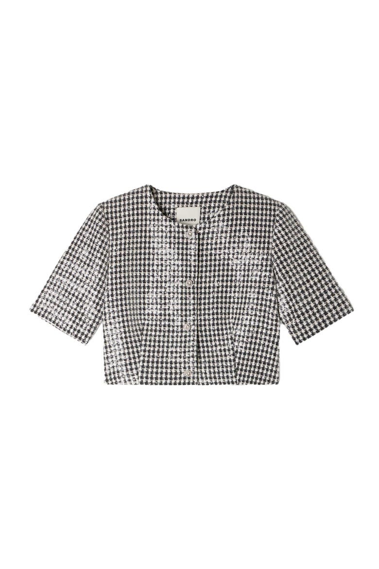 Cropped houndstooth tweed jacket, Alternate, color, Black / white