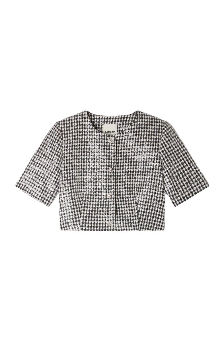 SANDRO Cropped houndstooth tweed jacket, Alternate, color, Black / White