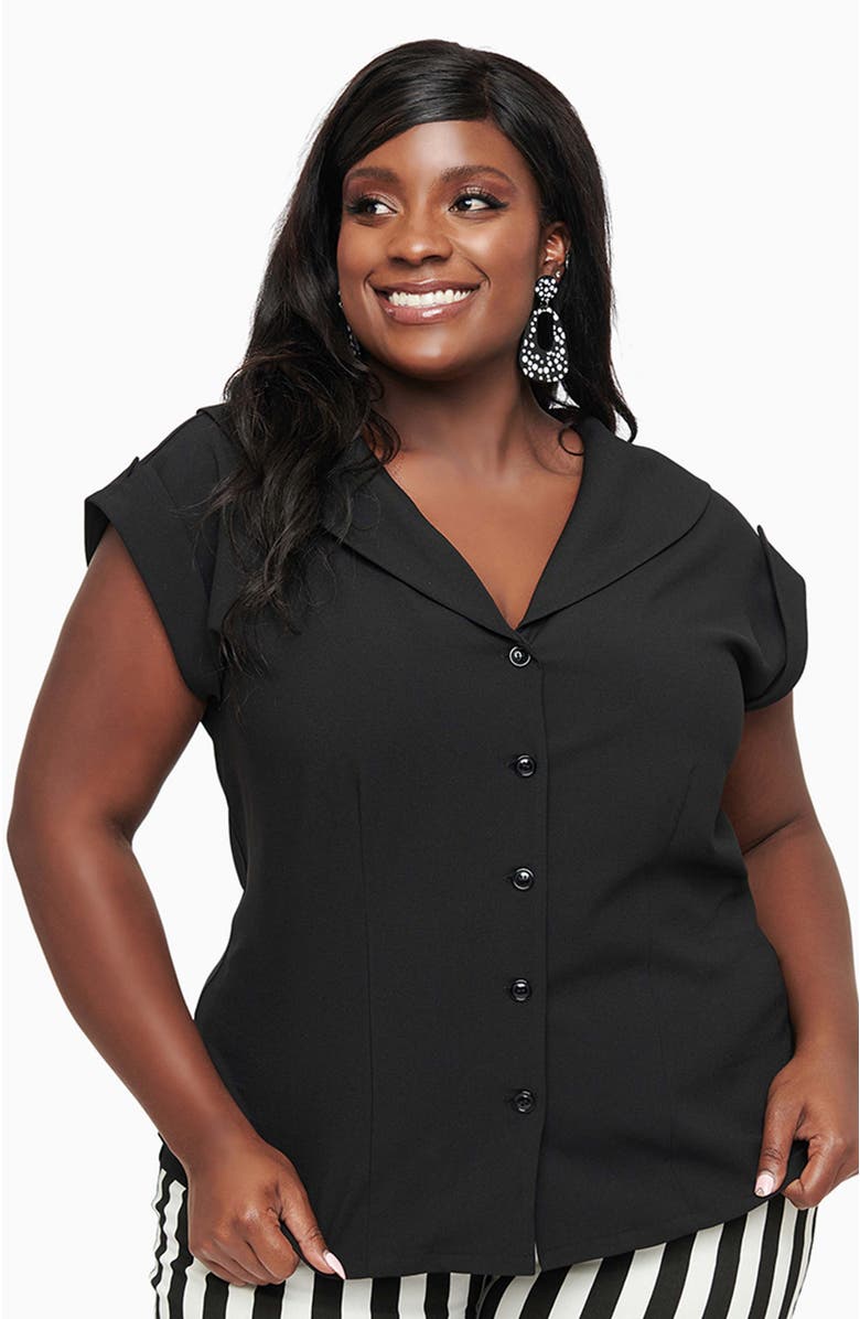 Unique Vintage Plus Size 1960s Twill Sleeveless Blouse, Main, color, Black