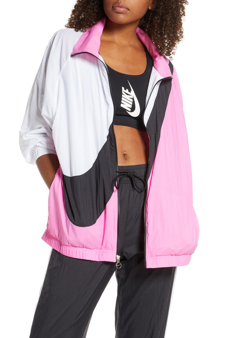 Sportswear Women's Woven Swoosh Jacket, Main, color, CHINA ROSE/ WHITE/ BLACK