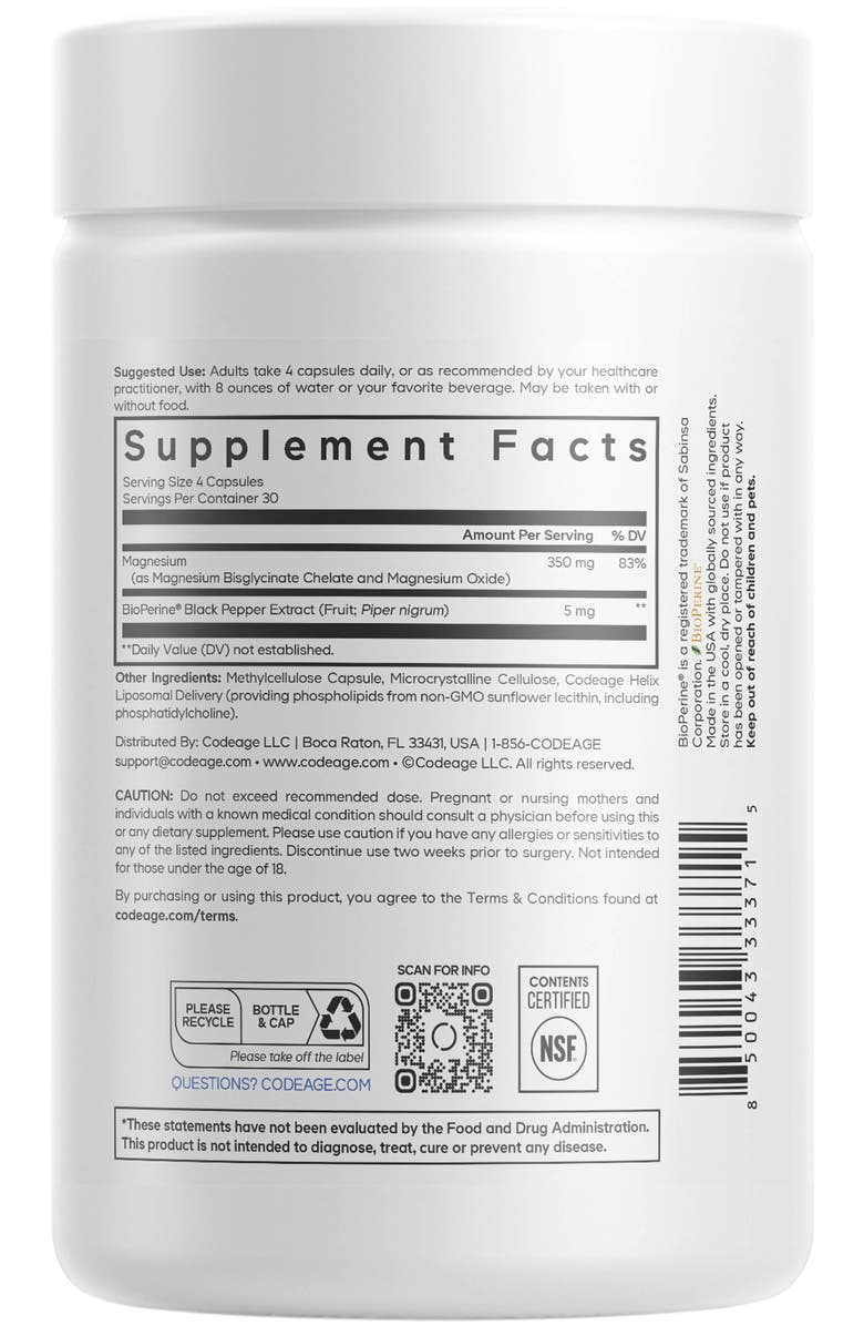 Codeage Magnesium Glycinate Chelate Mineral Supplement 1-Month Supply, Alternate, color, White