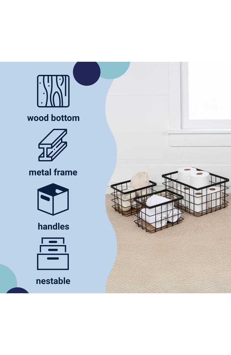 HAPPIMESS Evvie Vintage Farmhouse Handmade Wire Metal Nesting Storage Baskets with Wood Base, Alternate, color, Black/Natural