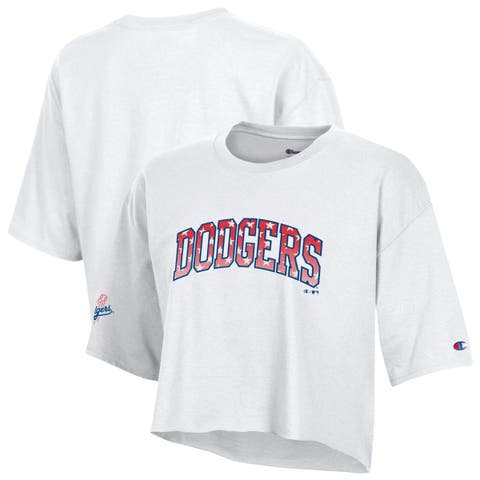 Women's Champion  White Los Angeles Dodgers Boyfriend Cropped Americana T-Shirt