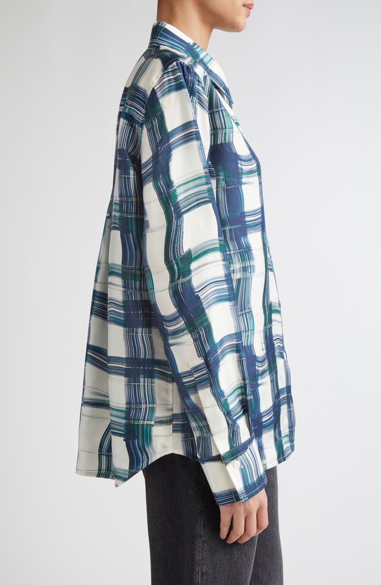 FERRAGAMO Brushstroke Print Silk Button-Up Shirt, Alternate, color, New Navy/ Moss