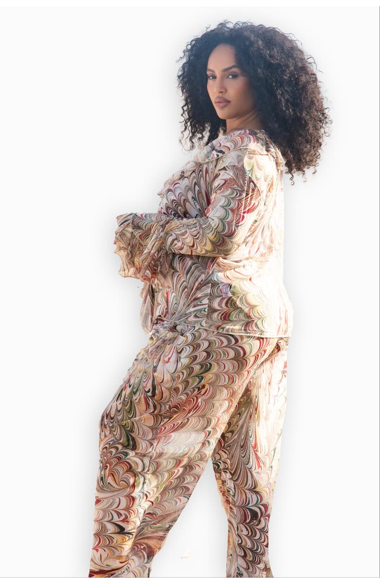 FASHION-SZN CURVE Curve V-Neck Ruffle Printed Resort Top, Alternate, color, Beige