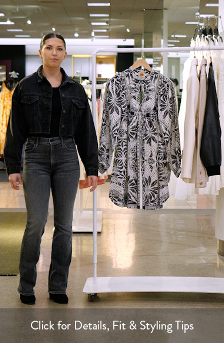 Monochrome Elegance Scarf Print Long Sleeve Linen Blend Minidress, sales video thumbnail