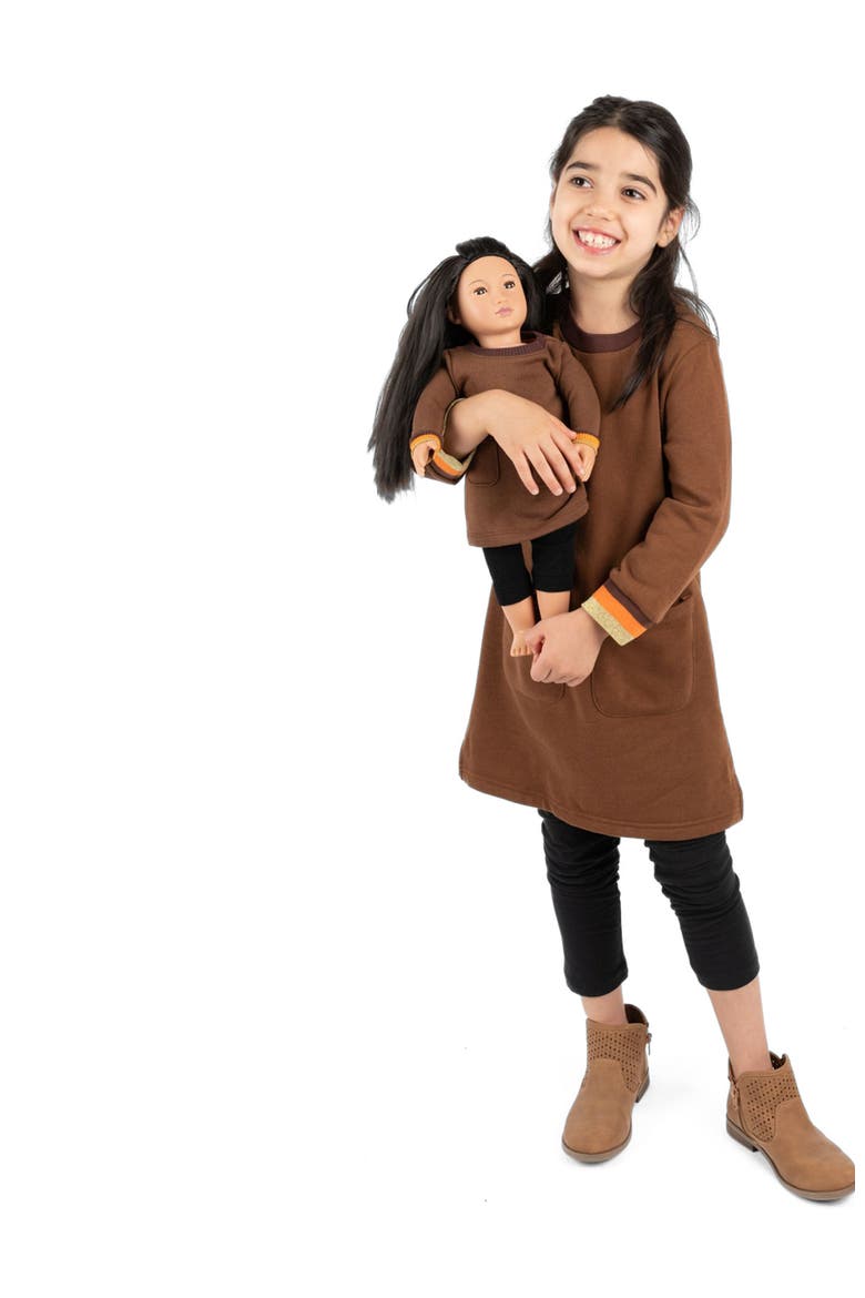 Girls Sweatshirt Dress with Matching Doll Dress, Alternate, color, BROWN