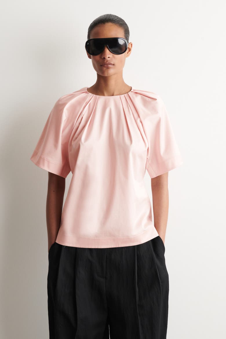 Gathered Short-sleeved Cotton Top, Main, color, PINK