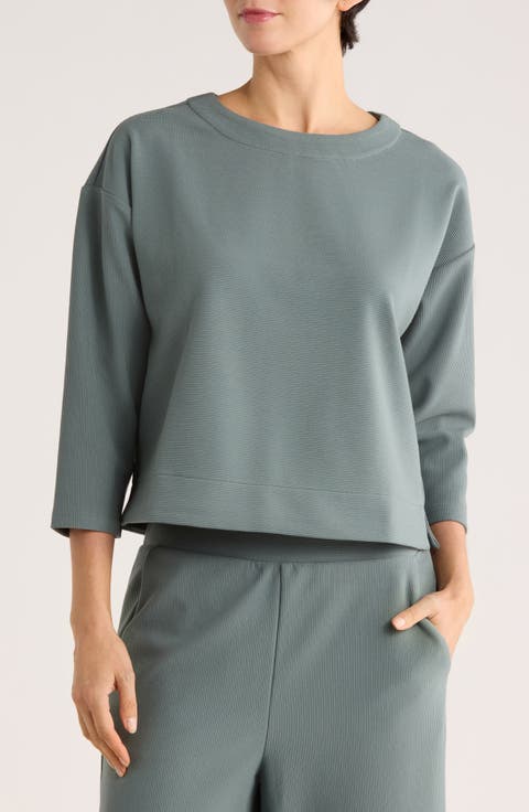 Three-Quarter Sleeve Drop Shoulder Rib Knit Top