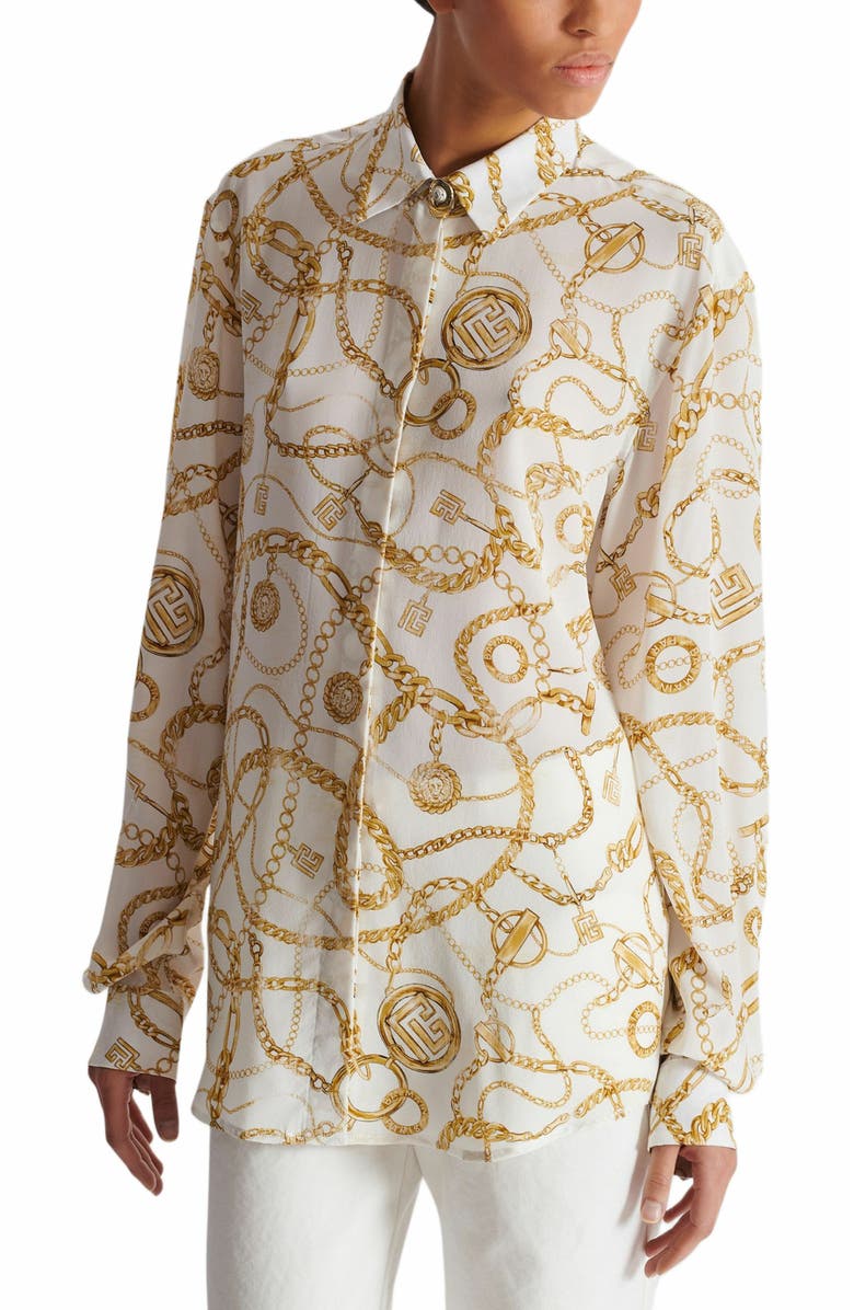 Balmain Printed Silk Shirt With Balmain Chains Pattern, Alternate, color, Gold