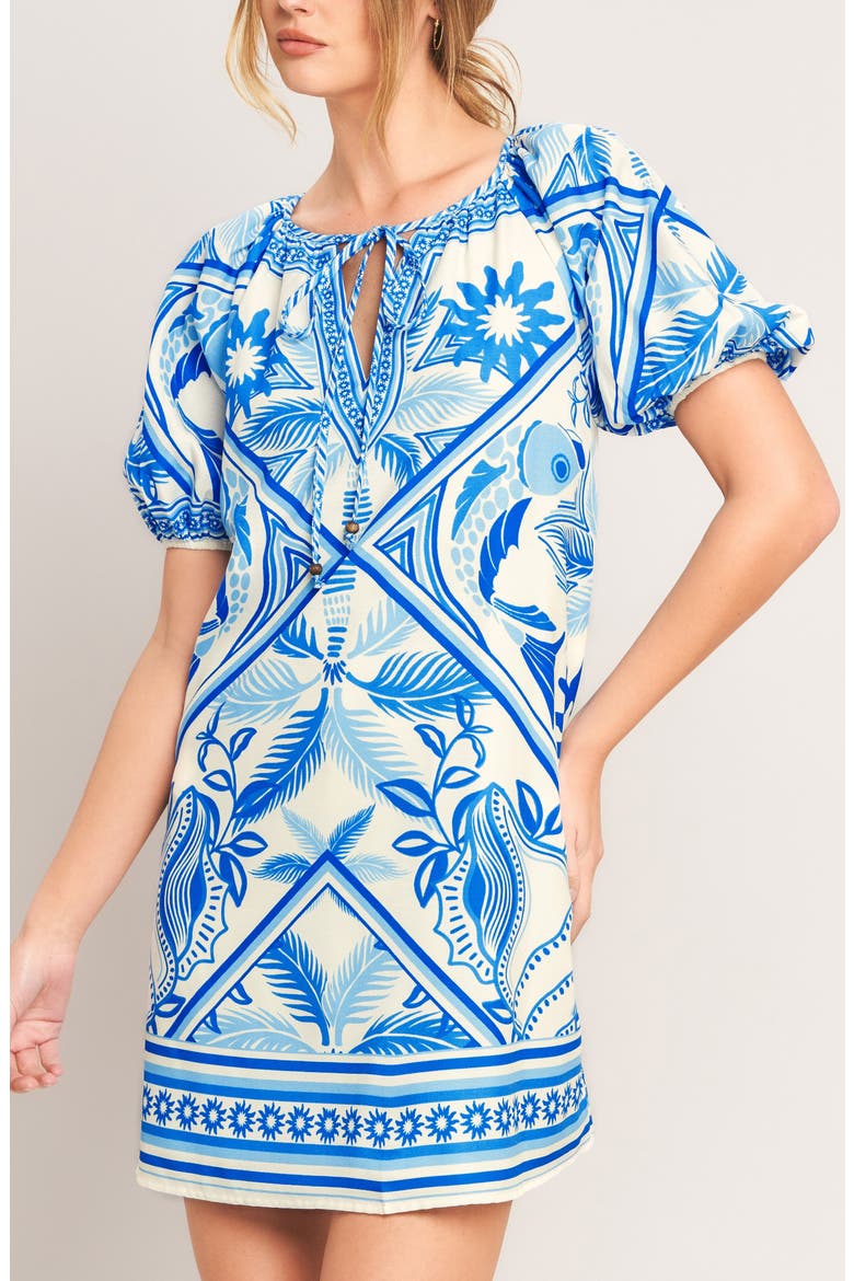 Tie Keyhole Puff Sleeve Minidress, Alternate, color, IVORY BLUE