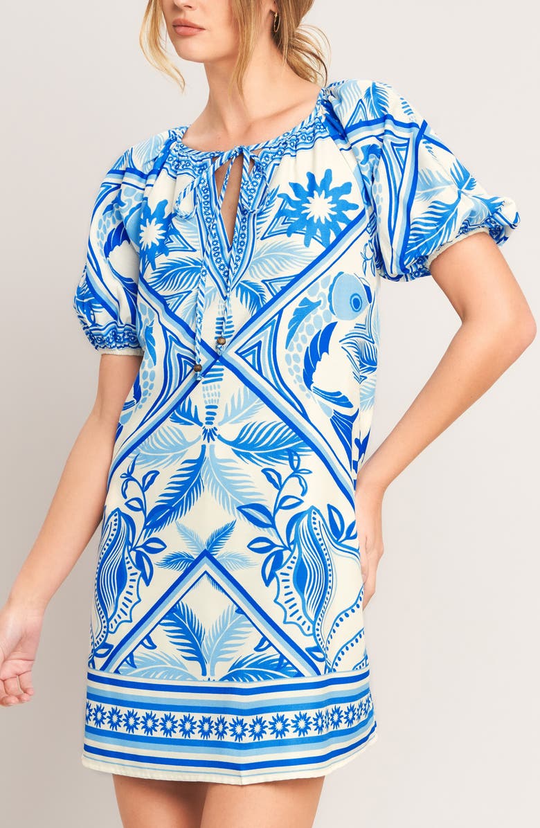 FLYING TOMATO Tie Keyhole Puff Sleeve Minidress, Alternate, color, Ivory Blue