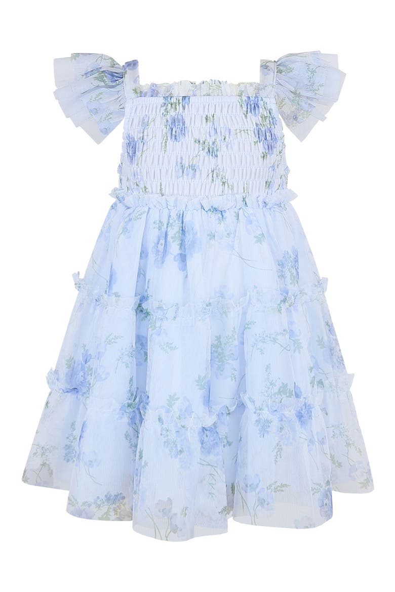 Flutter Sleeve Smocked Strawberry Embroidered Dress, Main, color, BLUE