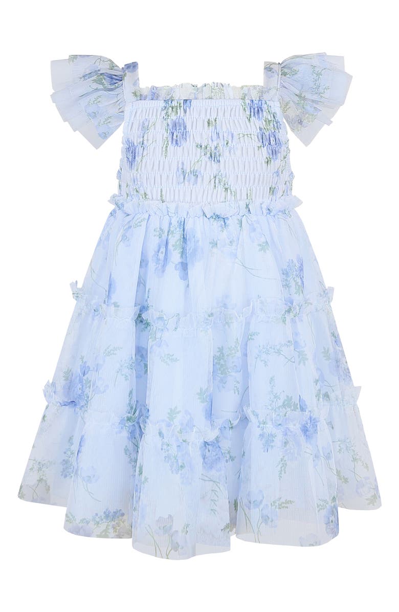 Zunie Flutter Sleeve Smocked Strawberry Embroidered Dress, Main, color, Blue