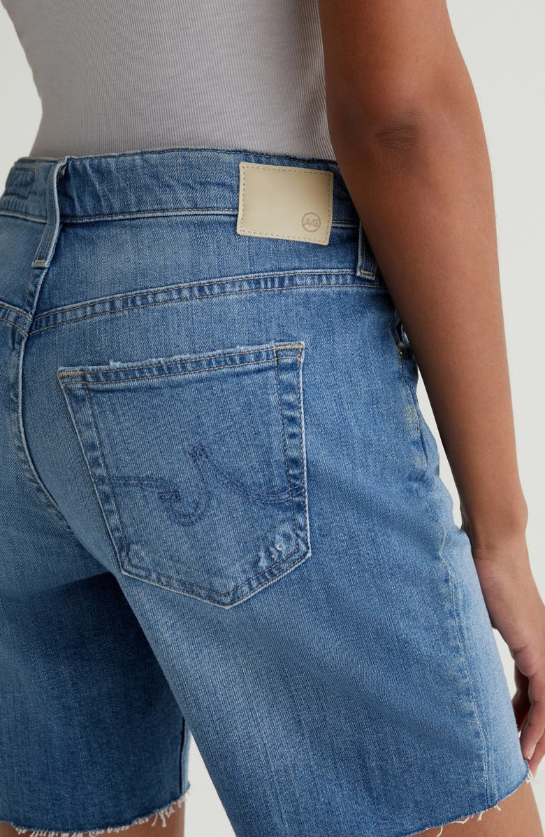 AG Ex-Boyfriend Distressed Raw Hem Mid Length Denim Shorts, Alternate, color, Iris